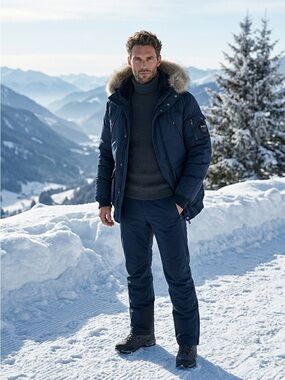 Pajar Lucus Men's Navy Blue Coyote Fur-Trim Down Filled Puffer Parka